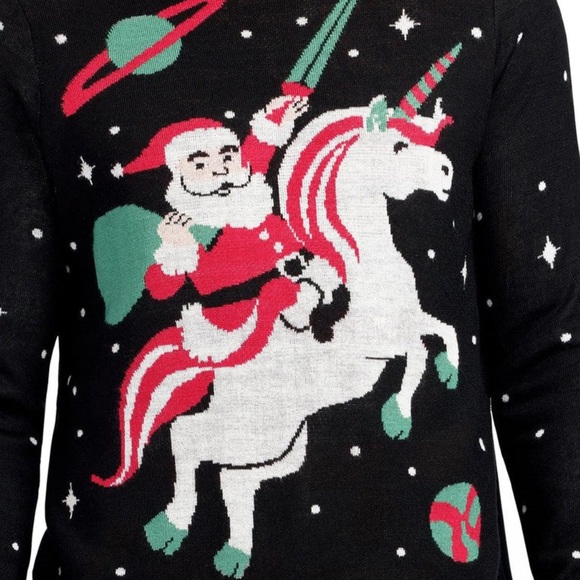 TIPSY ELVES  UGLY CHRISTMAS SWEATER ALL SIZES  NWT SANTA RIDING A UNICORN - Picture 3 of 4